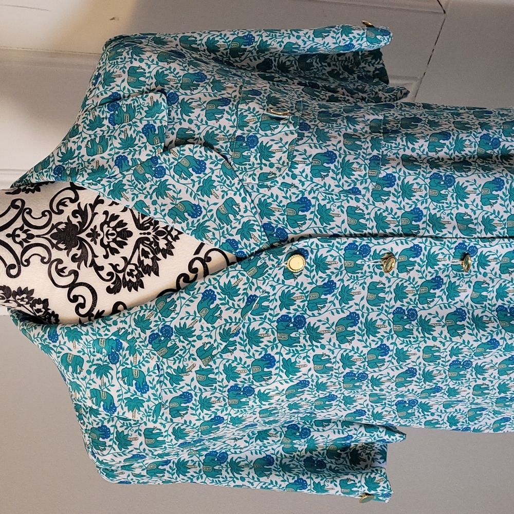 Schrader vintage midi dress short sleeve blue green elephant print Size 6